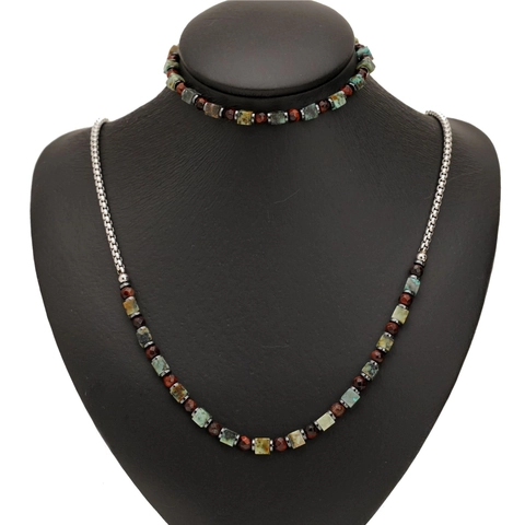 African Turquoise Red Tiger Eye Hematite Stainless Steel Beaded Necklace And Bracelet Jewelry For Men