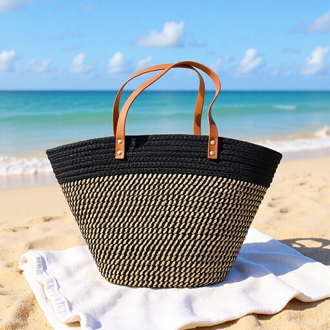 Grote Capaciteit Katoenen Touw Geweven Draagtas Met PU Leren Handvat Kleurblok Vakantie Strand Handtas Voor Dames