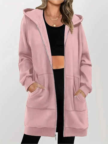 Women Oversized Mid Length Zip Up Hoodie Jacket Knitted Fleece Long Sleeve Casual Outdoor Sweatshirt With Pockets
