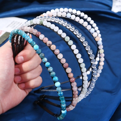Women Handmade Natural Crystal Beads Black Metal Wire Headband Simple Fashion Hair Accessories Elegant Headpiece