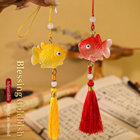 Koi Goldfish Resin Keychain Car Hanging Pendant With Satin Tassel Chinese Style Lucky Charm For Bags