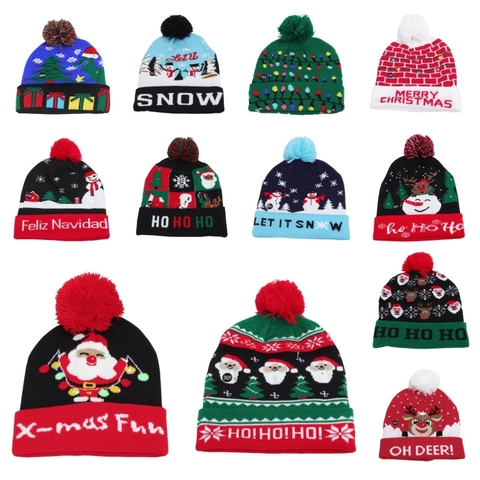 LED Light Up Christmas Knit Hat Acrylic Warm Winter Beanie Colorful Glow Holiday Party Santa Snowman Reindeer Pattern