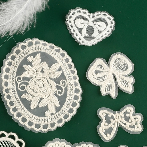White Embroidered Lace Patches Mesh Bow Heart Butterfly Flower Appliques For DIY Clothing Decoration Sewing Accessories