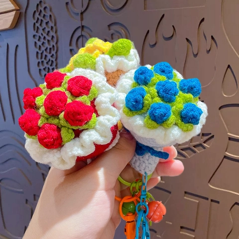 Portachiavi Bouquet Di Fiori All'Uncinetto Fatto A Mano Rosa Girasole Ciondolo Per Borsa Con Campanellino Regalo