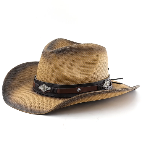 Vintage Western Cowboy Hat Woven Paper Straw Wide Brim Gradient Sun Protection Breathable Fedora For Men Women