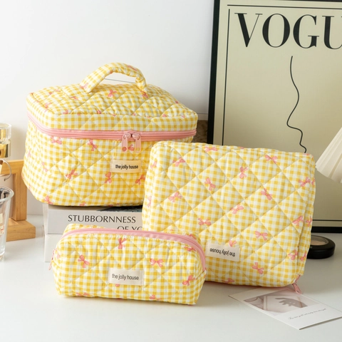 Gingham Quilted Cotton Cosmetic Bag Bow Pattern Portable Travel Makeup Organizer Wash Pouch For Women