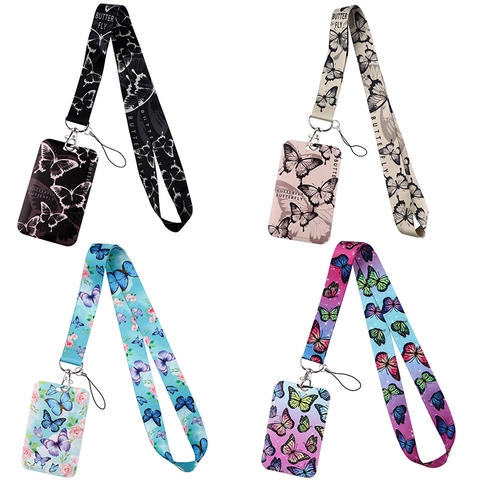 Butterfly ID Card Holder Lanyard Polyester Plastic Aesthetic Keychain Hook For Student Office Badge Holder