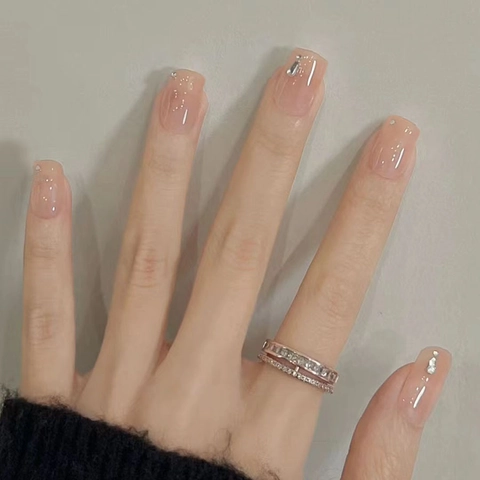 Handmade Press On Nails Nude Pink Jelly Glossy Rhinestone Square False Nails For Women