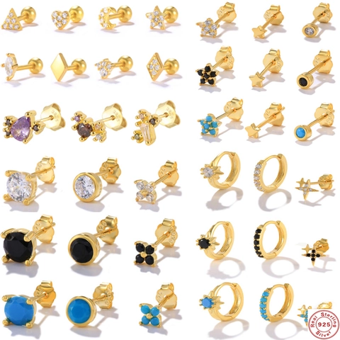 925 Sterling Silver Earrings Gold Plated Star Heart Geometric Zircon Turquoise Stud Hoop Jewelry Women Minimalist Style