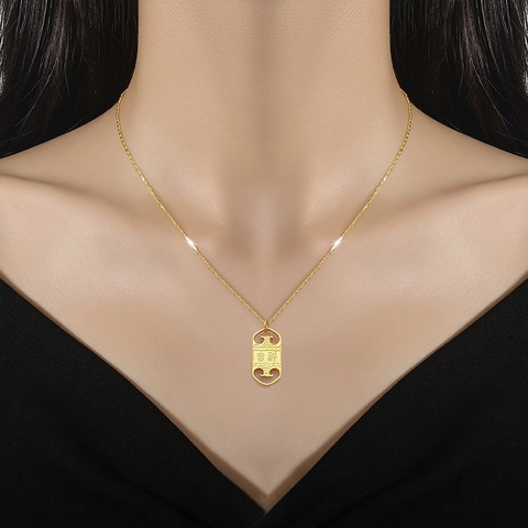 Collana Con Ciondolo Targhetta Auspicio Acciaio Al Titanio Placcato Oro Rettangolo Catena Clavicola Stile Cinese Minimalista