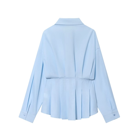 Blusa De Mujer Manga Larga Poliéster Cintura Fruncida Dobladillo Plisado Solapa Botones Color Sólido Elegante Oficina