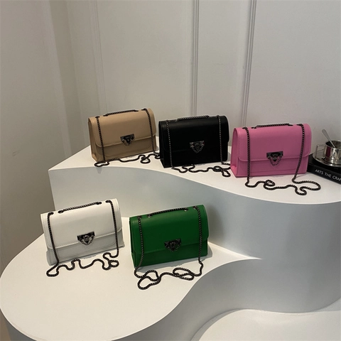 Korean Style PU Leather Crossbody Bag For Women Vintage Minimalist Square Shoulder Purse With Metal Chain And Rivet Lock