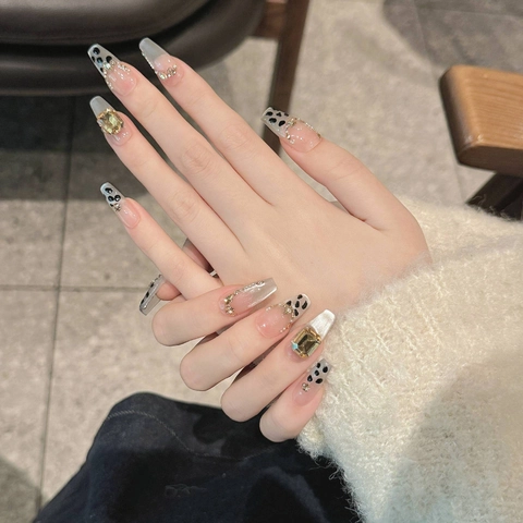Handmade Press On Nails Leopard Print Rhinestone Square Crystal Decor Gold Chain Luxury Coffin Fake Nails For Women Manicure