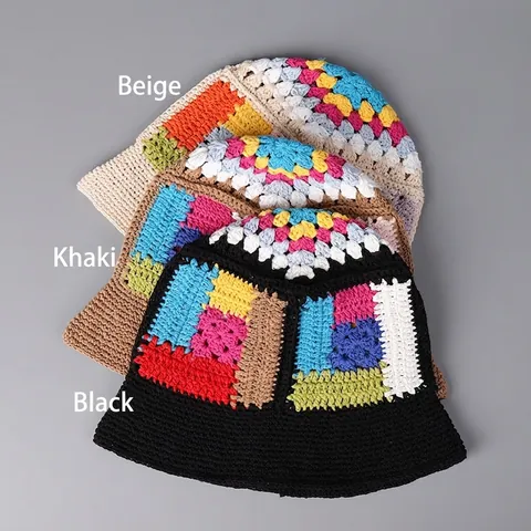Handgefertigter Häkel Fischerhut Baumwollgarn Mehrfarbig Granny Square Patchwork Durchbrochen Atmungsaktiv Retro Böhmisch