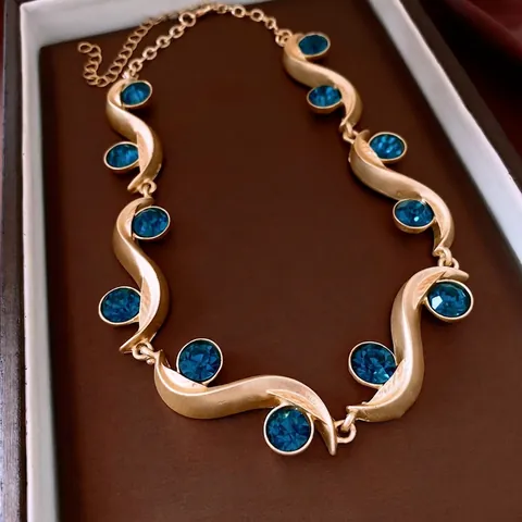 Collana E Orecchini Di Gioielli In Lega A Forma Di Onda Con Strass Tondi Blu Stile Retro Elegante Vintage Per Donna