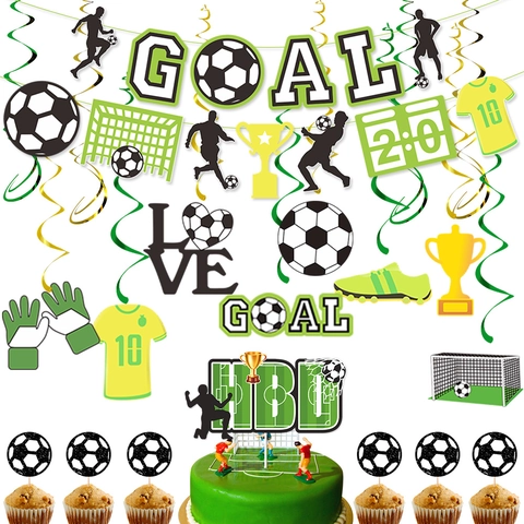 Football Soccer Theme Birthday Party Decorations Banner Cupcake Toppers Swirls Sports Event Supplies Paper PVC