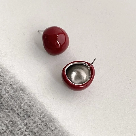 Vintage Wine Red Cherry Round Ball Stud Earrings For Women Copper Electroplated Enamel Glaze Sweet Minimalist Jewelry Gift