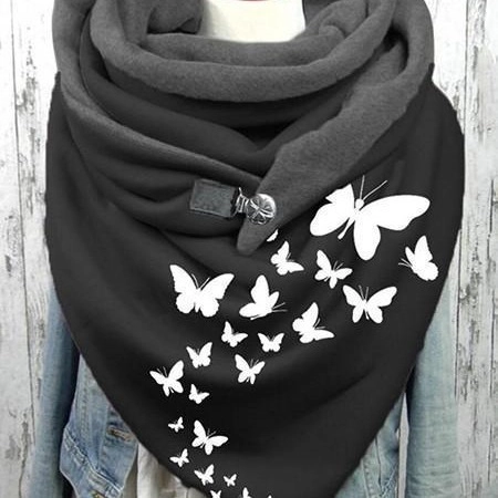 Women Winter Triangle Scarf Warm Polyester Fleece Lined Wrap With Metal Buckle Button Printed Patterns Shawl