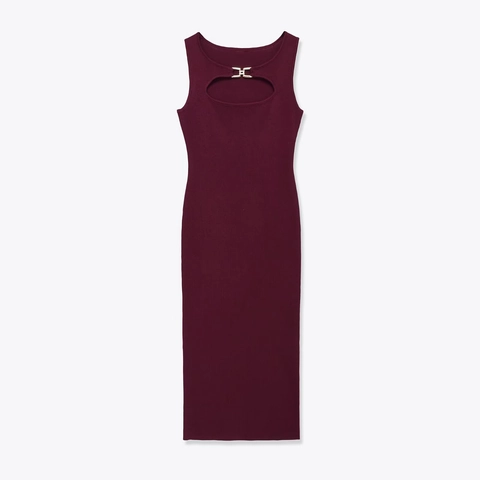Ärmelloses Strick Midikleid Gerippter Rundhals Ausschnitt Metallschließe Detail Einfarbig Eng Anliegend Elegant Damen