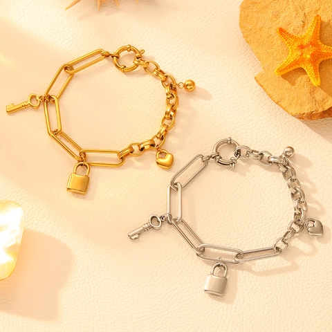 Bracciale alla Moda in Acciaio Inossidabile Con Lucchetto Chiave Cuore Catena a Graffetta Oro Argento Bracciale per Donna Gioielli di Tendenza
