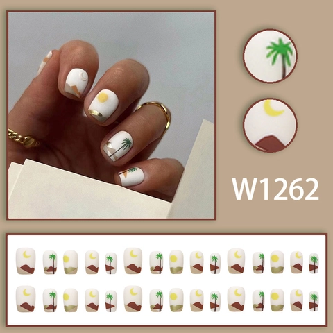 Matte Press On Nails Hand Painted Desert Sun Moon Landscape Fake Nails For Women Short Square Round Artificial Nails