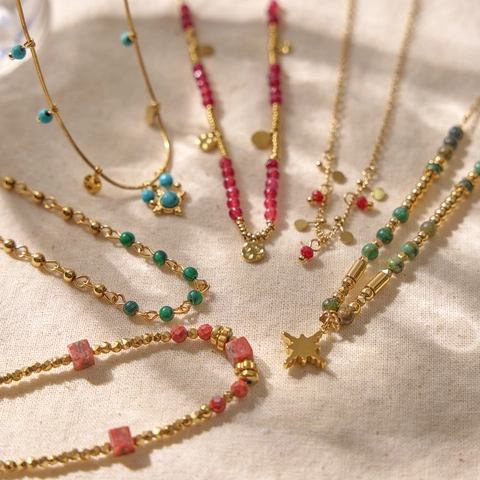 Collana Di Perline Acciaio Inossidabile Placcato Oro 18K Con Turchese Malachite Ciondolo Stella Gioielli Bohémien Per Donna