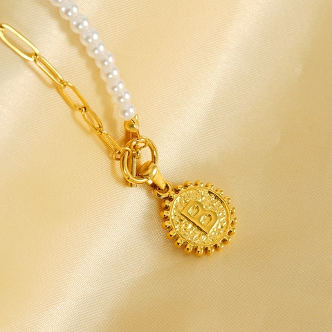 Initial Letter Pendant Necklace Stainless Steel Asymmetric Artificial Pearl And Paperclip Chain Round Coin OT Toggle Clasp Jewelry Women
