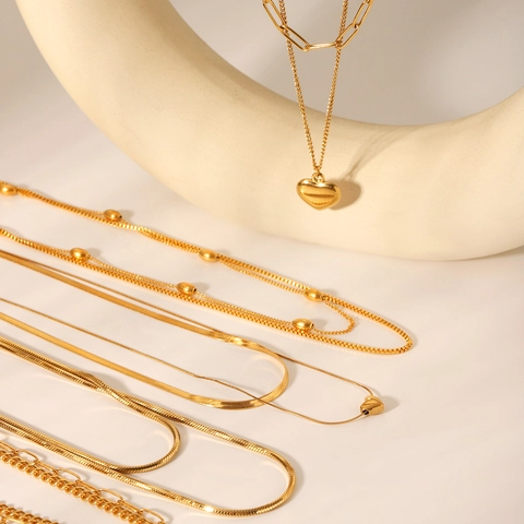 Collana A Strati Placcata Oro 18K Acciaio Inossidabile Catena Multistrato Perla Artificial Ciondolo A Cuore Gioielli Minimalisti Per Donna