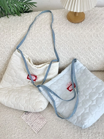 Borsa Tote Trapuntata Con Cuori In Cotone Imbottita Grande Capacità Borsa A Spalla Stile Coreano Streetwear Donne Studentesse