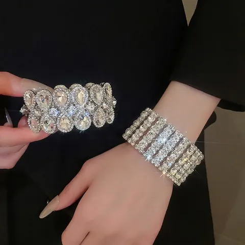 Rhinestone Wide Elastic Bracelet Alloy Sparkling Multi Row Geometric Luxury Jewelry For Women Evening Party