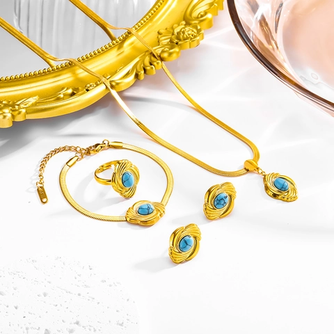 Vintage Bohemian Jewelry 18K Gold Plated Stainless Steel Turquoise Necklace Bracelet Earrings Ring For Women
