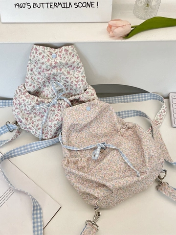 Floral Print Rucksack Umhängetasche Polyester Kordelzug Karo Riemen Koreanischen Stil Student Reisen Casual