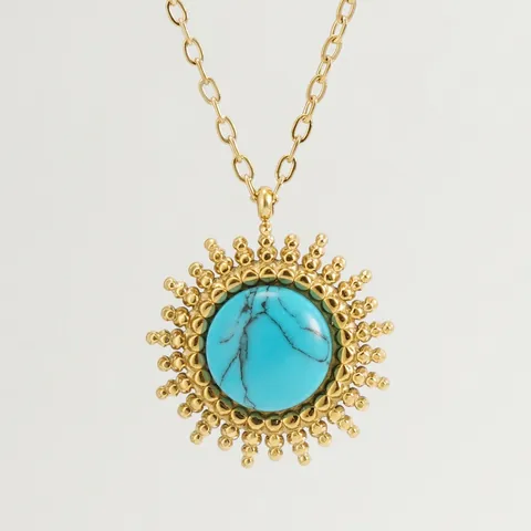 Sunburst Round Blue Turquoise Pendant Necklace Stainless Steel 18K Gold Plated Bohemian Minimalist Jewelry For Women