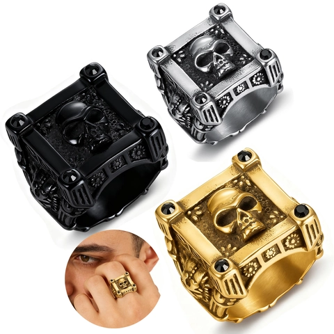 Anello Sigillo Teschio Da Uomo Acciaio Inossidabile Con Zirconia Nera Stile Gothic Punk Rock