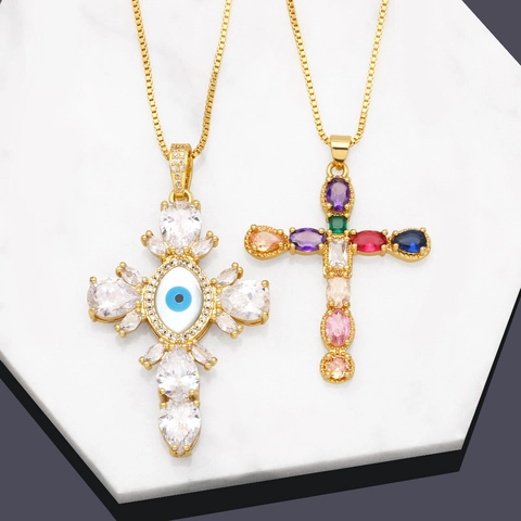 Moderna Collana Con Ciondolo A Croce In Rame E Zirconia Per Donna Placcata In Oro Occhio Del Diavolo Gioielli Con Pietre Colorate