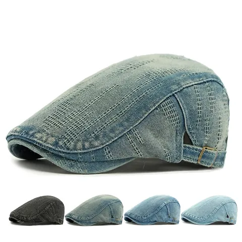 Vintage Washed Denim Ivy Cap For Men Women Adjustable Metal Buckle Flat Cap Cotton Jacquard Retro Hat