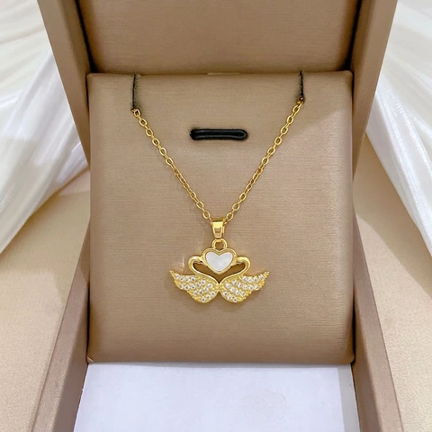 Double Cygne Coeur Pendentif Collier Or Chaîne Acier Inoxydable Cuivre Zircon Strass Nacre Bijoux Femmes
