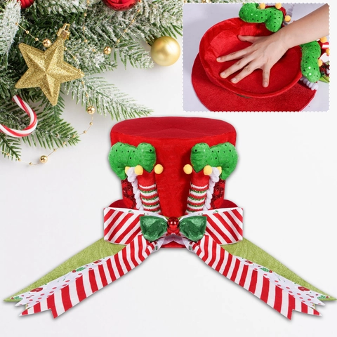 Festive Christmas Tree Topper Hat Plush Elf Hat With Legs And Large Bow Red Green Striped Holiday Home Party Decoration