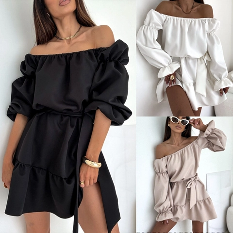 Off Shoulder Minikleid Polyester Elegant Laterne Lang Puffärmel Einfarbig Mit Gürtel Rüschensaum Casual Party Damen