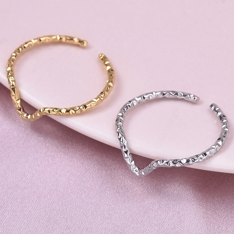 Minimalist Wave Adjustable Open Ring 304 Stainless Steel Hammered Texture Polished Geometric Finger Jewelry For Women Men