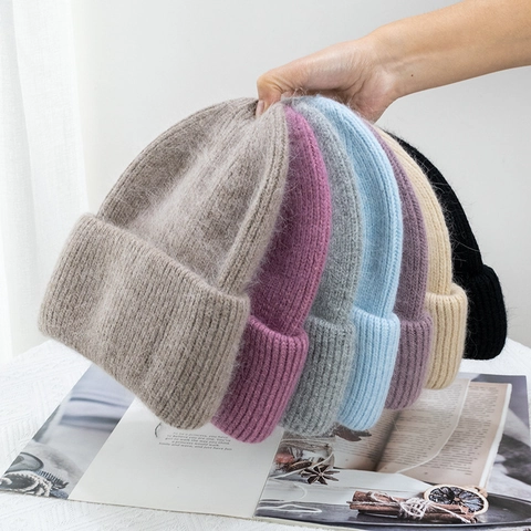 Women Thick Rabbit Hair Blend Knit Beanie Hat Winter Warm Fuzzy Plush Rolled Edge Solid Color Casual Skull Cap Beanie