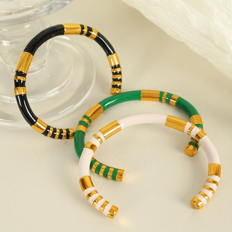Retro Ins Style Stainless Steel Enamel Striped Cuff Bangle For Women Fashion Geometric Segmented Gold Plated Drip Oil Bangle