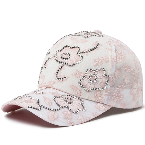 Women Floral Rhinestone Baseball Cap Lace Mesh Breathable Sunshade Hat Adjustable Elegant Fashion Viscose Sun Hat
