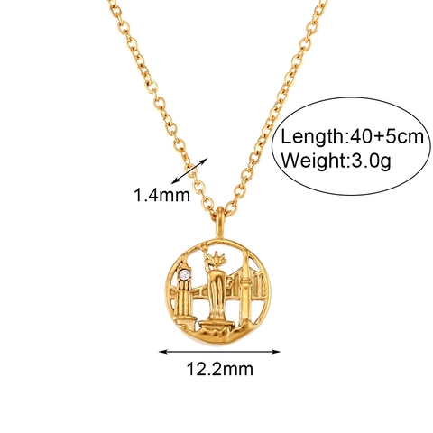 Collier Pendentif Rond Creux Repère de Ville du Monde Acier Inoxydable Strass Bijoux pour Femmes Cadeau de Voyage Style Mode Or