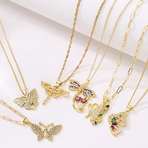 Collier Pendentif Papillon Libellule Cuivre Plaqué Or 18K Zircone Micro Pavé Bijoux Fins Élégants Pour Femmes