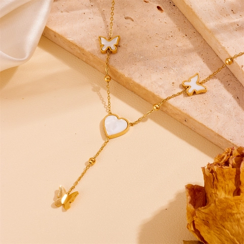 Elegante Collana Con Pendente A Farfalla E Cuore Acciaio Inossidabile Placcato Oro Con Madreperla Catena Clavicola A Y Donna