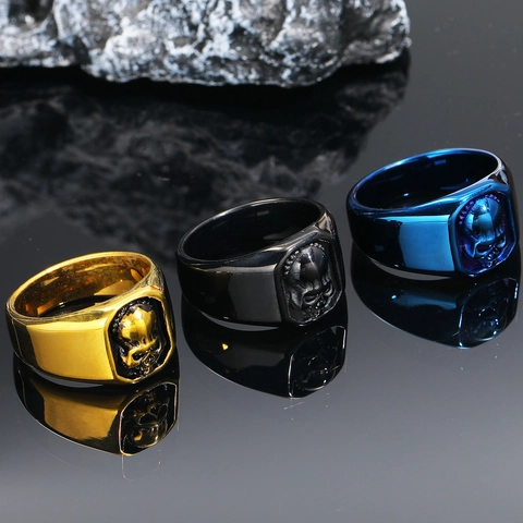 Men Skull Ring Stainless Steel Punk Gothic Hip Hop Rock Vintage Distressed Relief Jewelry