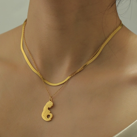 Stainless Steel Double Layered Pregnant Mother Pendant Necklace Gold Plated Snake Bone Chain Mother Day Gift For Women