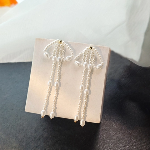Pendientes Colgantes De Perlas Artificiales Con Lazo Y Borla Con Poste De Plata Aleación Joyería Elegante Vintage Para Mujer