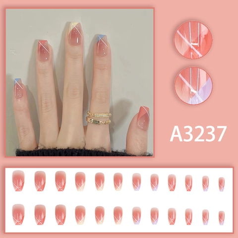 Press On Nails Pink Gradient Geometric Lines Colorful French Tips Full Cover Sweet Fresh Minimalist Women